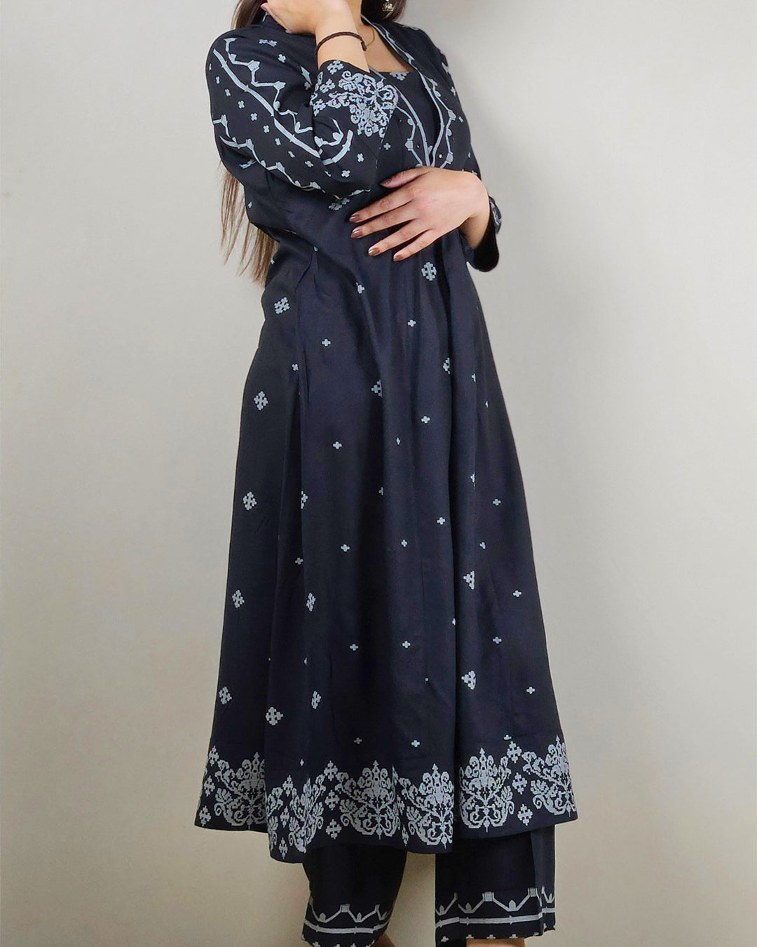 Teal V Neck 2 Pcs Anarkali Kurta Set