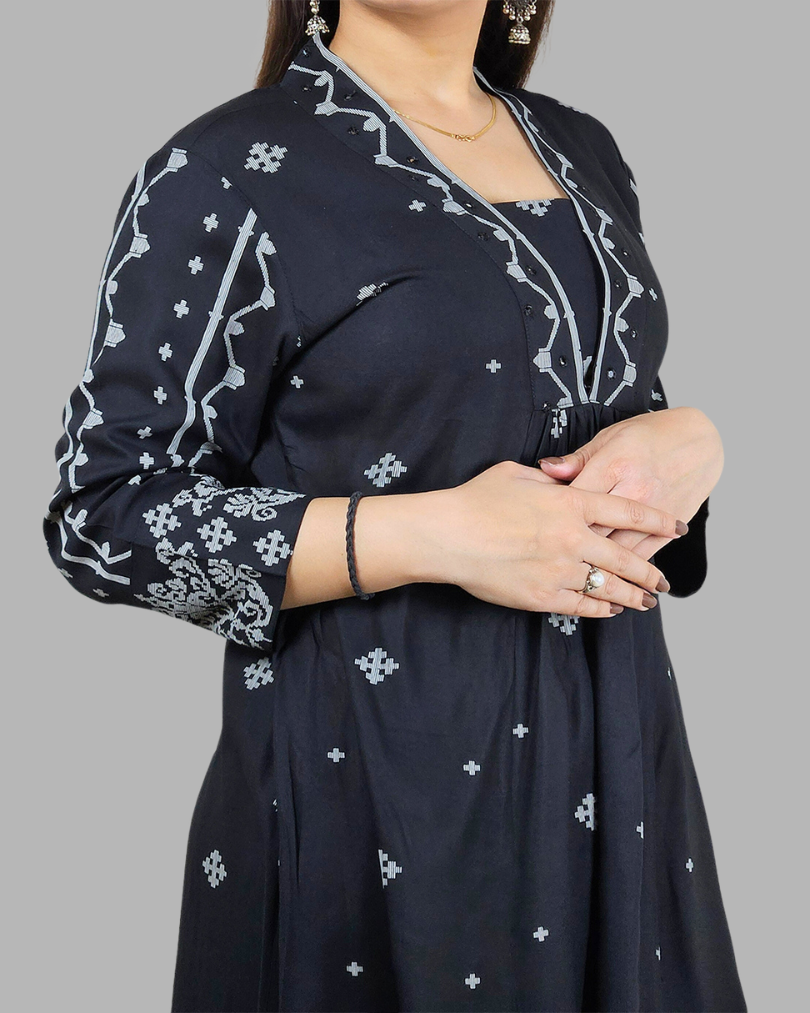 Black V Neck 2 Pcs Anarkali  Kurta Set