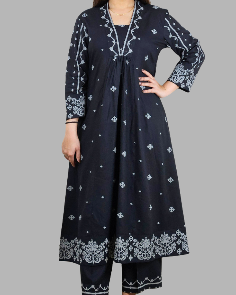 Black V Neck 2 Pcs Anarkali  Kurta Set