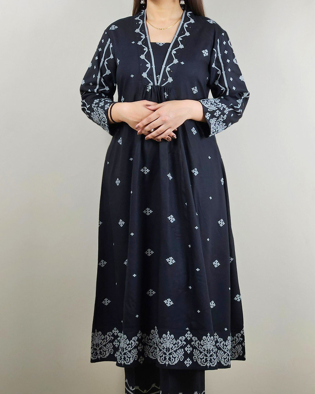 Teal V Neck 2 Pcs Anarkali Kurta Set