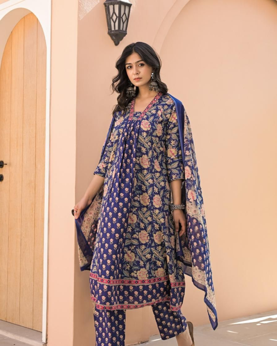 Blue Allover Block Print 3 Pcs A-Line Kurta Set