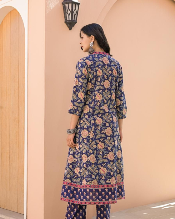 Blue Allover Block Print 3 Pcs A-Line Kurta Set