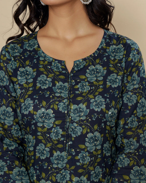 Blue Digital Print Cotton 3 Pcs Suit
