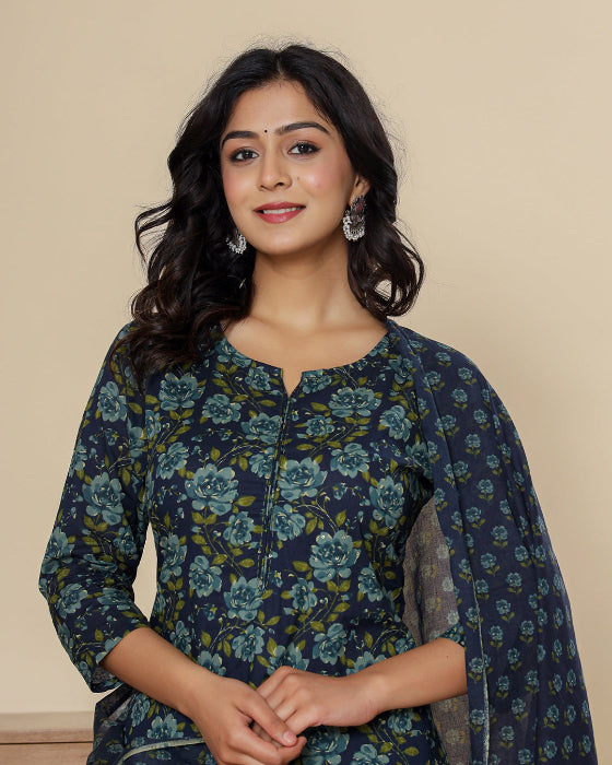Blue Digital Print Cotton 3 Pcs Suit