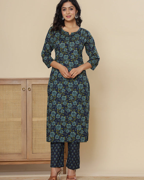 Blue Digital Print Cotton 3 Pcs Suit