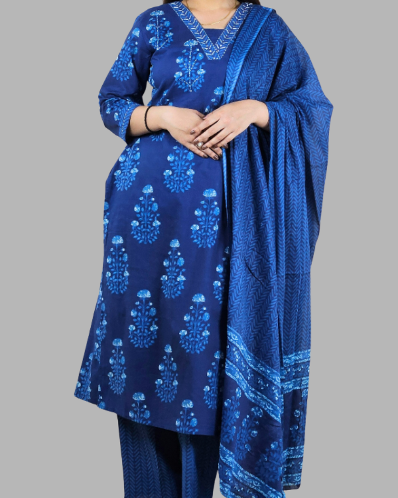 Blue Floral Print V Neck 3 Pcs Kurti Set