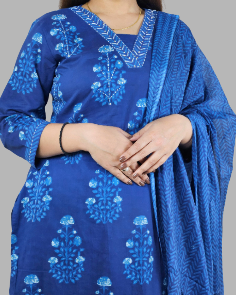 Blue Floral Print V Neck 3 Pcs Kurti Set