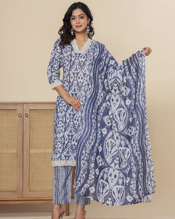 Blue Floral Print V Neck 3 Pcs Suit