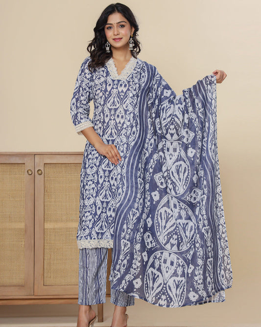 Blue Floral Print V Neck 3 Pcs Suit