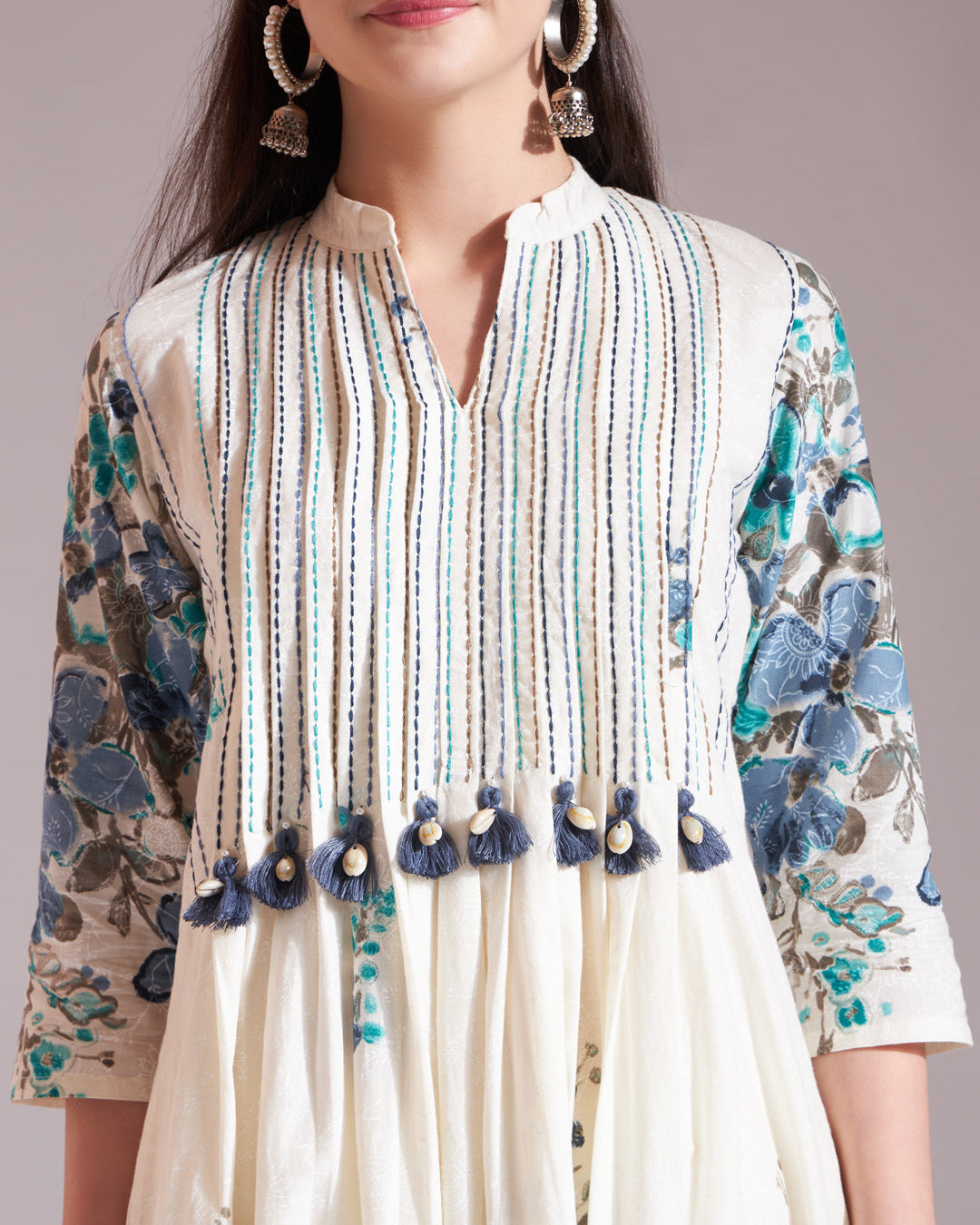 Blue Fusion With White-Tassel Work Malchanderi 3 piece set