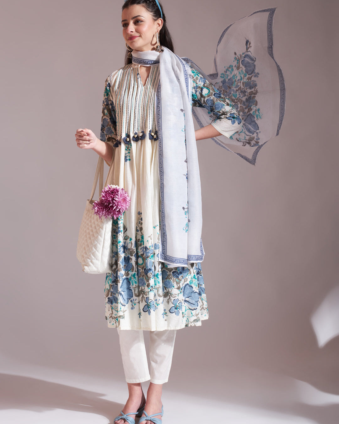 Blue Fusion With White-Tassel Work Malchanderi 3 piece set