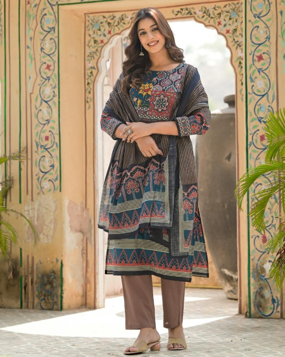 Brown Ajrak Print 3 Pcs Suit