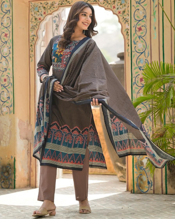 Brown Ajrak Print 3 Pcs Suit