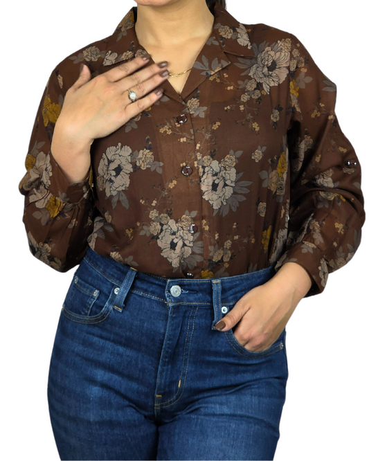 Brown Floral Print Victoria Shirt With Spaghetti