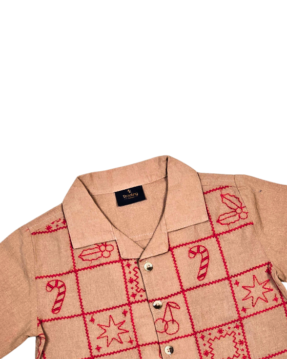 Brown Short Sleeves Shirt With Red Thread Design For Boys