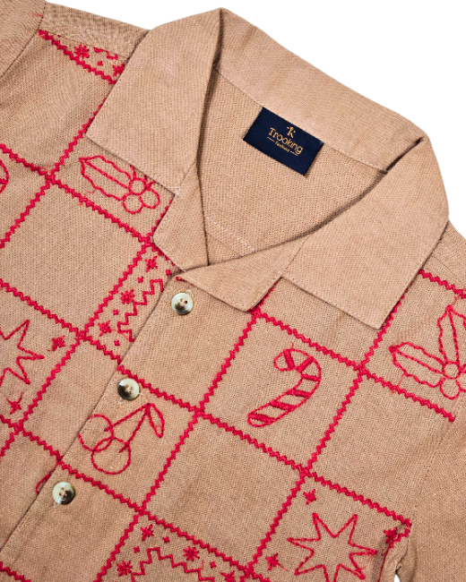 Brown Short Sleeves Shirt With Red Thread Design For Boys