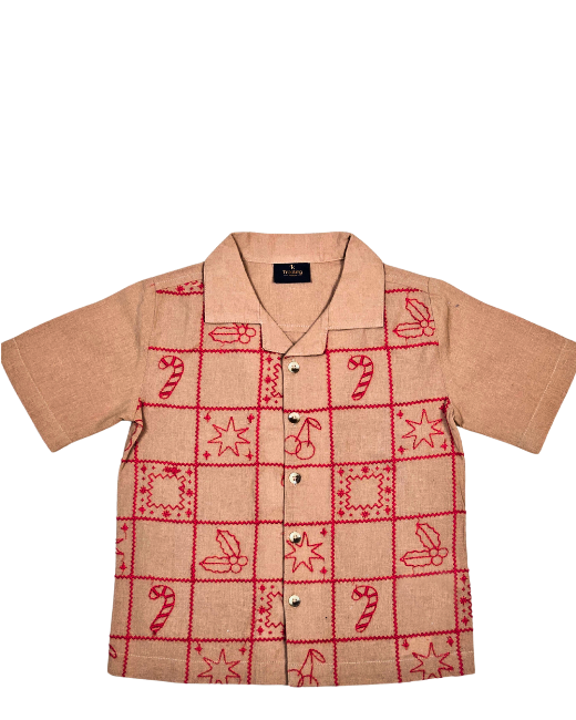 Brown Short Sleeves Shirt With Red Thread Design For Boys