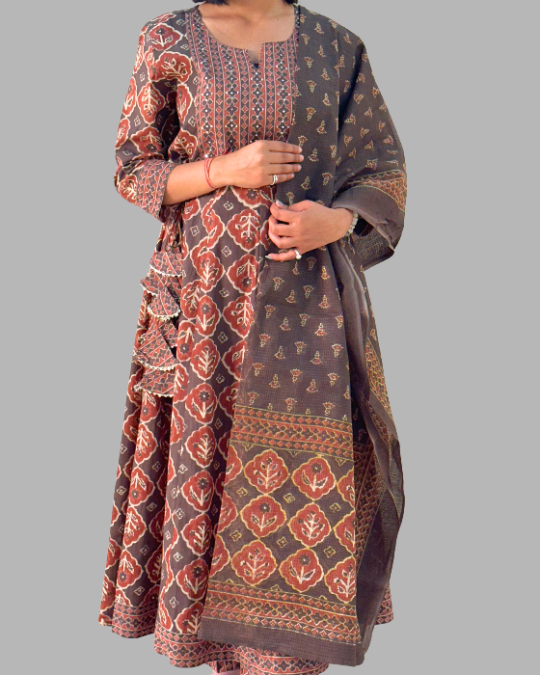 Brown rust kota dori embroidery kurta set