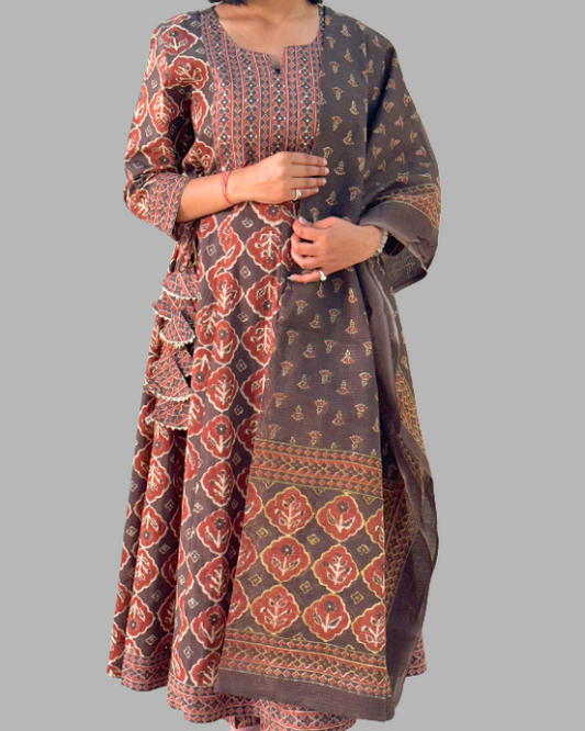 Brown rust kota dori embroidery kurta set