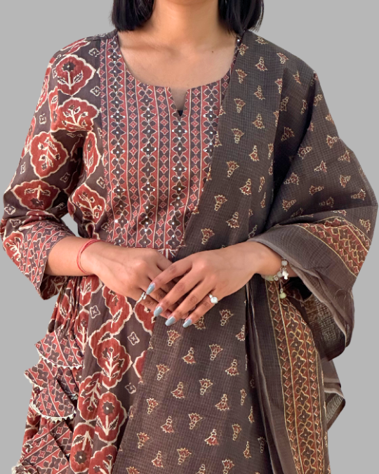 Brown rust kota dori embroidery kurta set