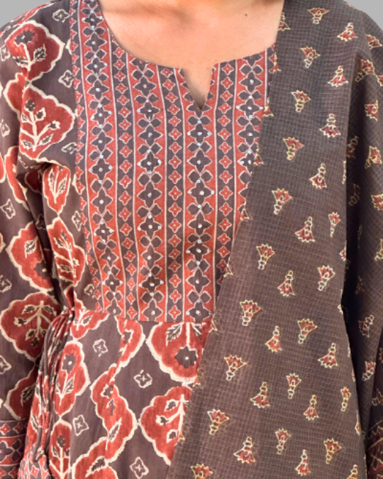 Brown rust kota dori embroidery kurta set
