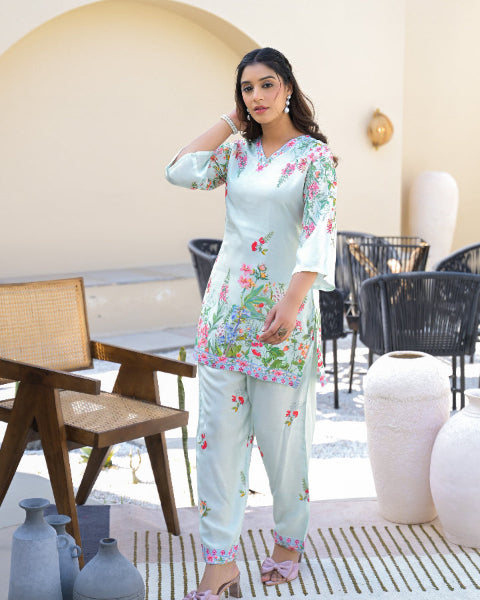 Celadon Green Floral Digital Print 2 Pcs Co-ord Set