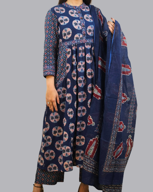 Dark Blue Kota Doria  Anarkali 3 Pcs Kurta Set