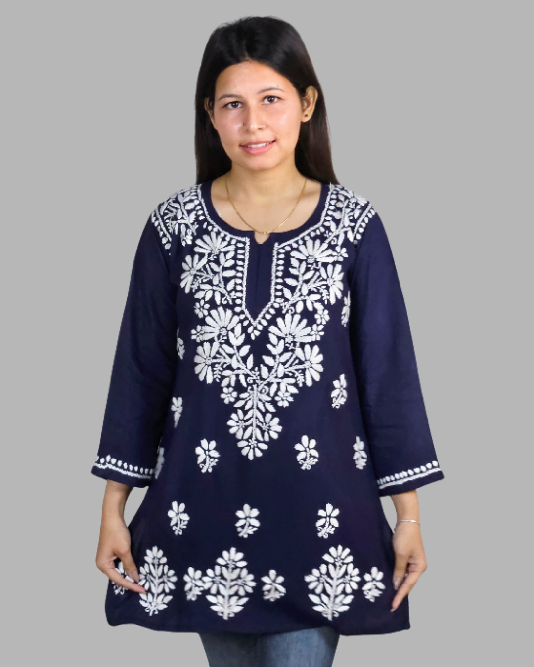 Dark Blue Plain Chikankari Short Kurti