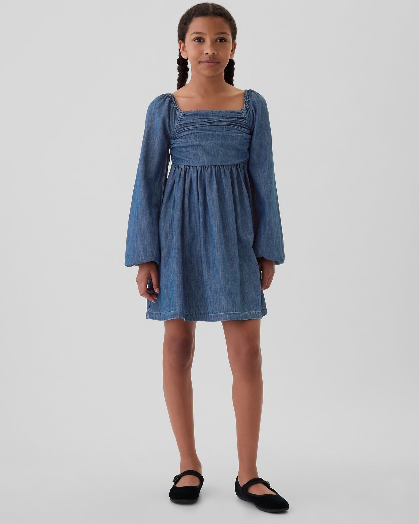 kid's Blue Denim full Sleeve Tiered Dress