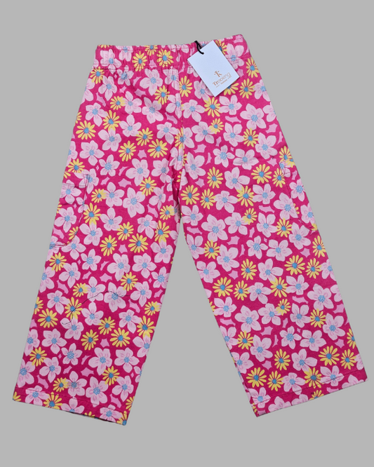 Girl's Hot Pink Floral Elasticated Cotton Pants