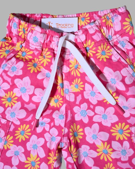 Girl's Hot Pink Floral Elasticated Cotton Pants