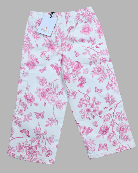 Girl's White  Floral Elasticated Cotton Pants