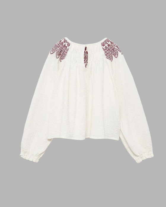 Girl's White With Maroon Embroidered Top
