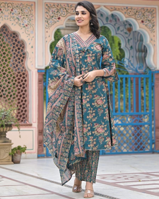 Green A Line Floral Print 3 Pcs Kurta