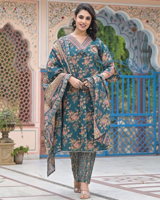 Green A Line Floral Print 3 Pcs Kurta