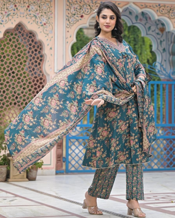 Green A Line Floral Print 3 Pcs Kurta
