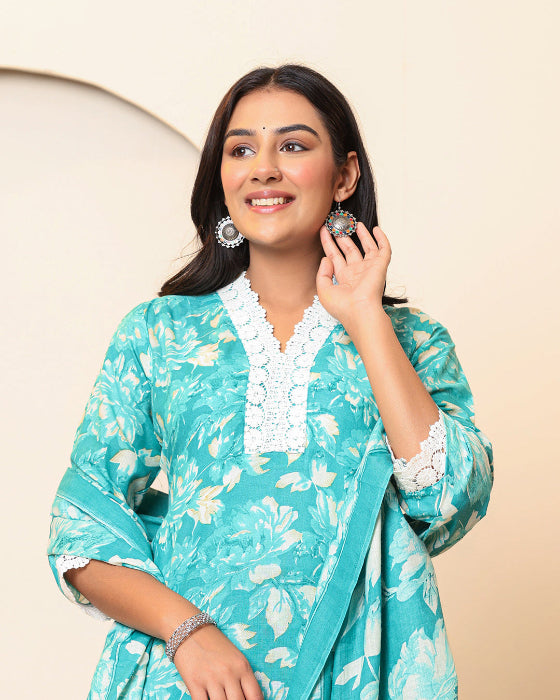 Green Floral Print V Neck 3 Pcs Suit
