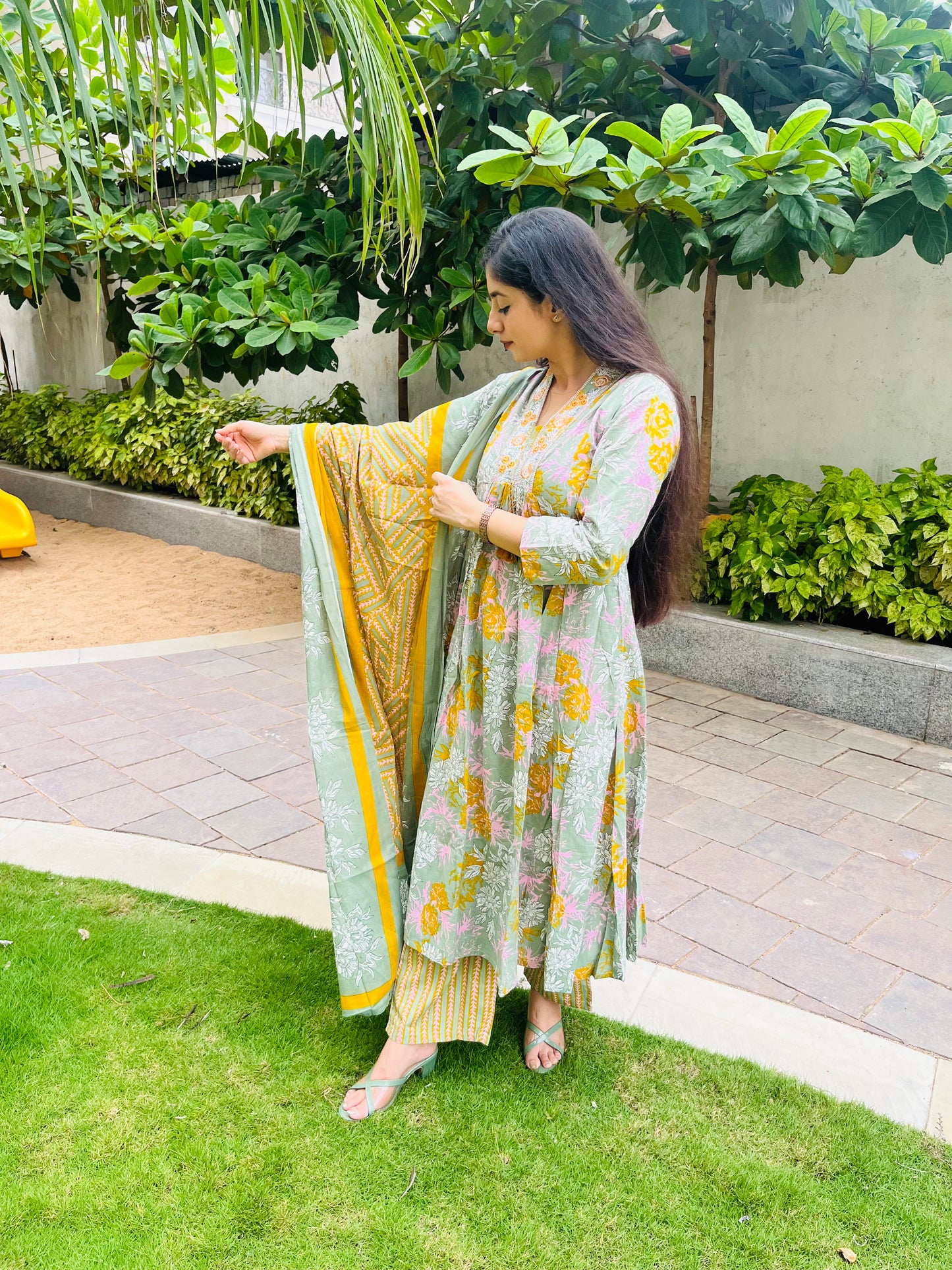 Muted Green Alia Embroidery A Line Flare Kurti Set