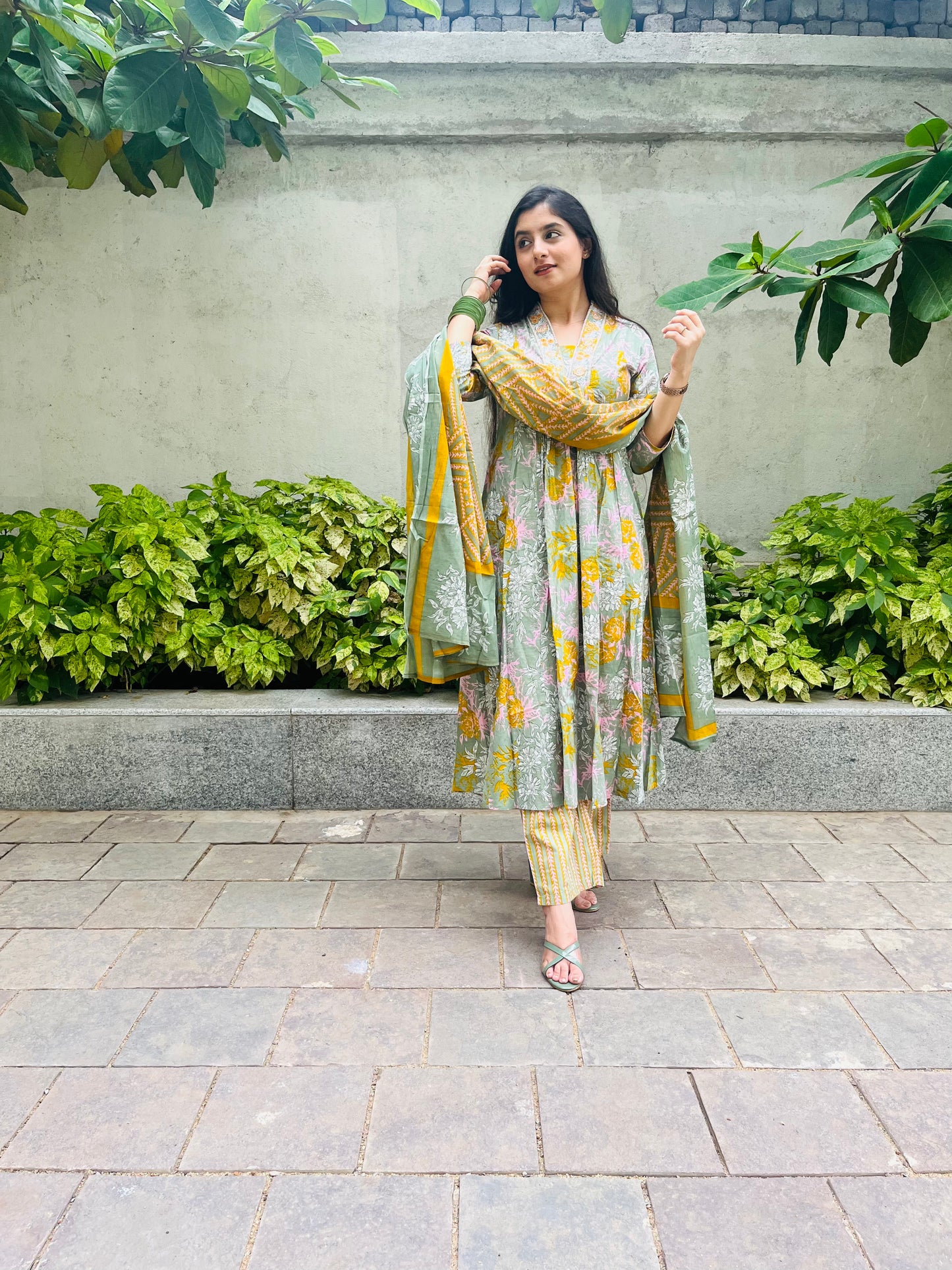 Muted Green Alia Embroidery A Line Flare Kurti Set