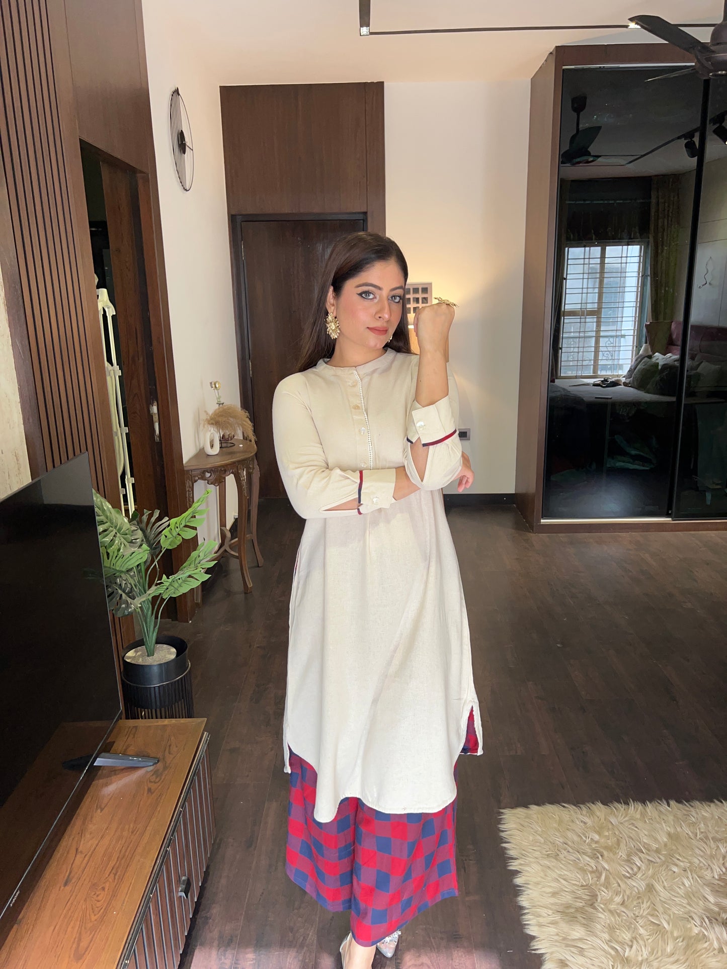 Cream Plain 2 Pcs Kurta Set