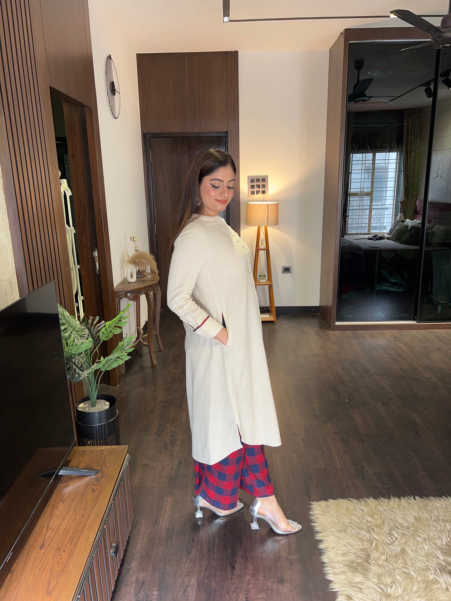 Cream Plain 2 Pcs Kurta Set