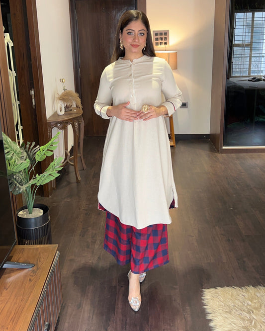 Cream Plain 2 Pcs Kurta Set
