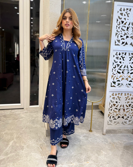 Blue V Neck 2 Pcs Anarkali Kurta Set