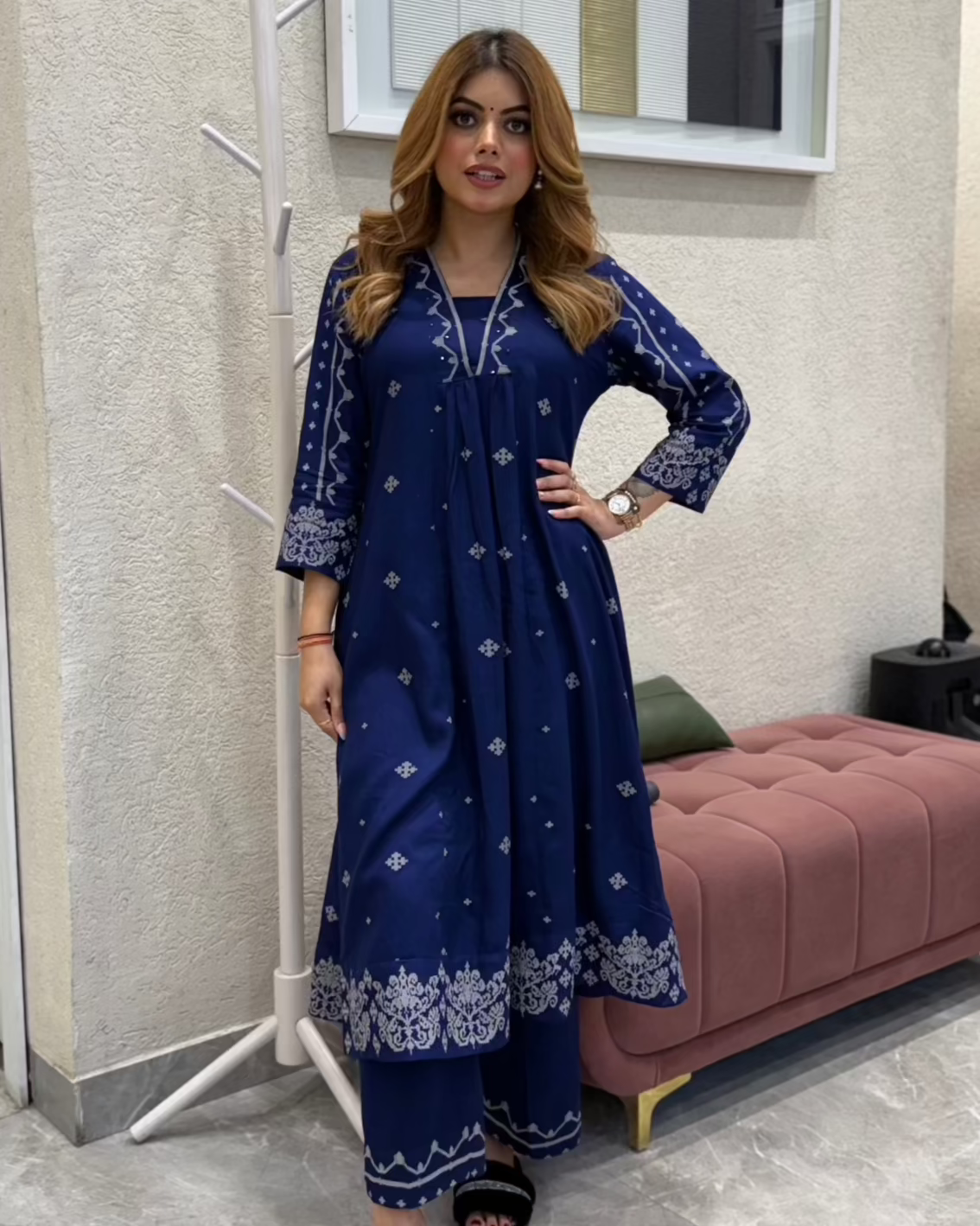 Blue V Neck 2 Pcs Anarkali Kurta Set