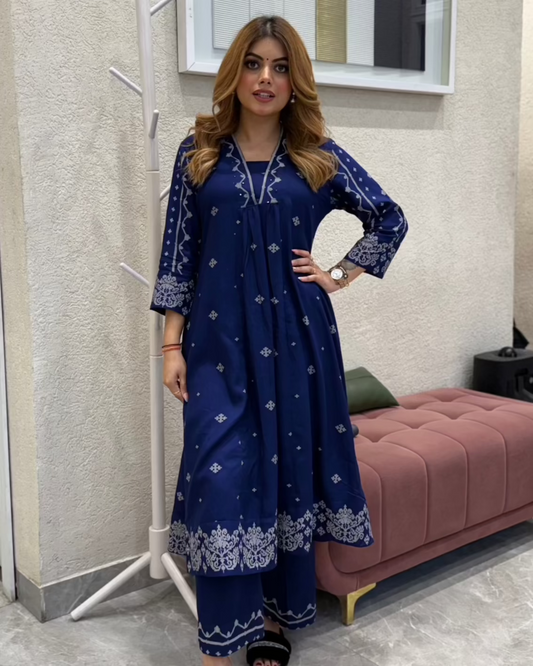 Blue V Neck 2 Pcs Anarkali Kurta Set