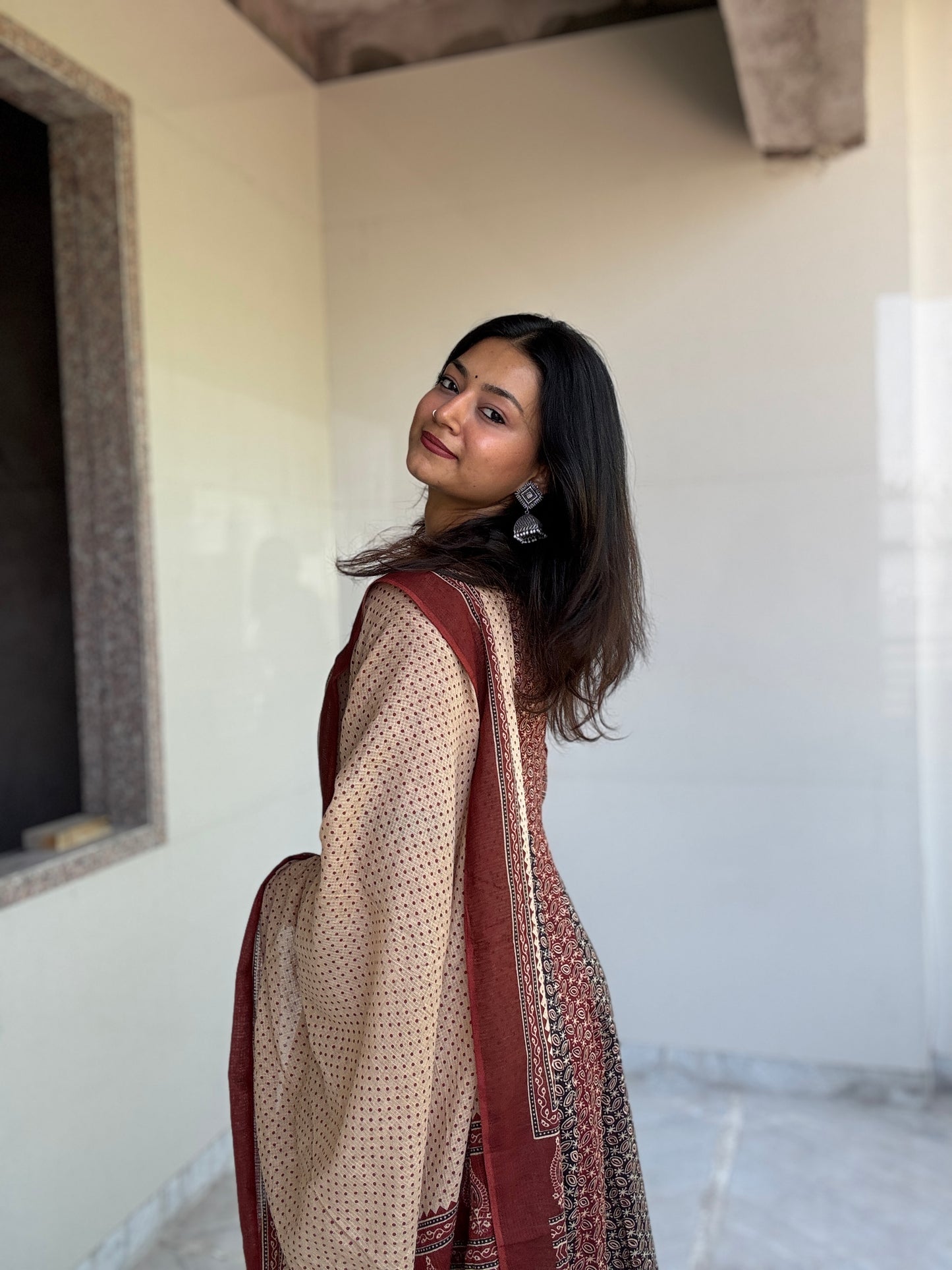 Rust Bugru Print 3 Pcs Anarkali  Kurta Set