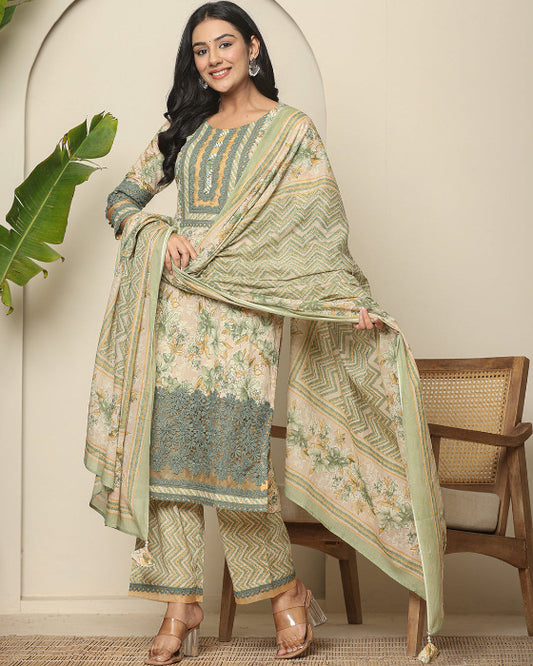 Light Green Mughal Art Organza Print 3 Pcs Suit