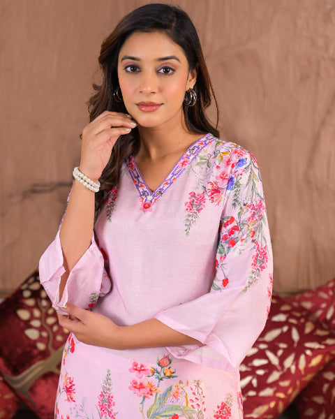 Light Pink Floral Digital Print 2 Pcs Co-ord Set