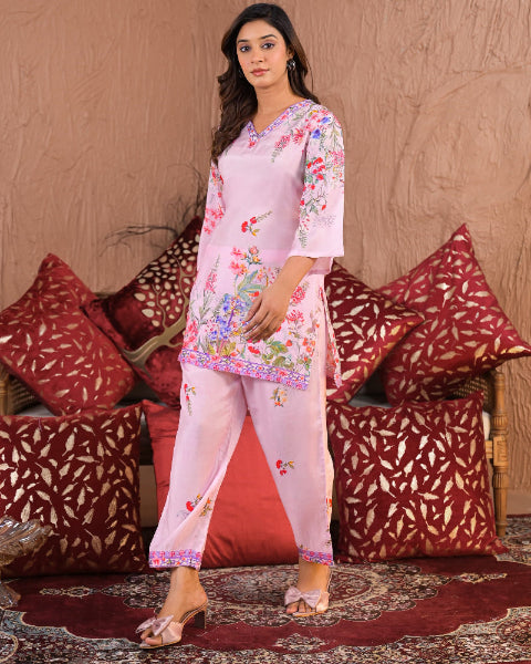 Light Pink Floral Digital Print 2 Pcs Co-ord Set