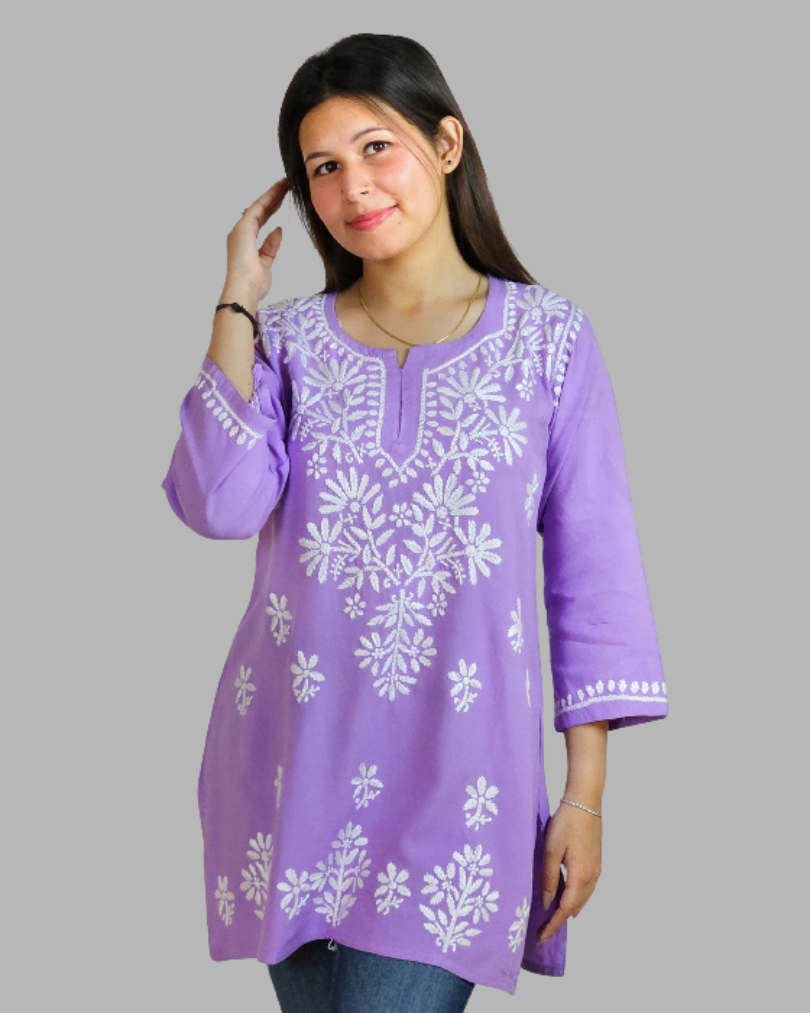 Lilac Color Plain Chikankari Short Kurti